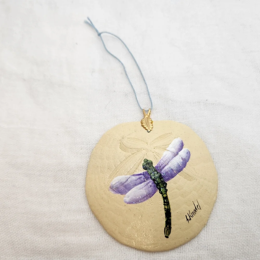 Beautiful Sand Dollar Dragonfly Hand Painted Hanging Ornament Christmas Gloss